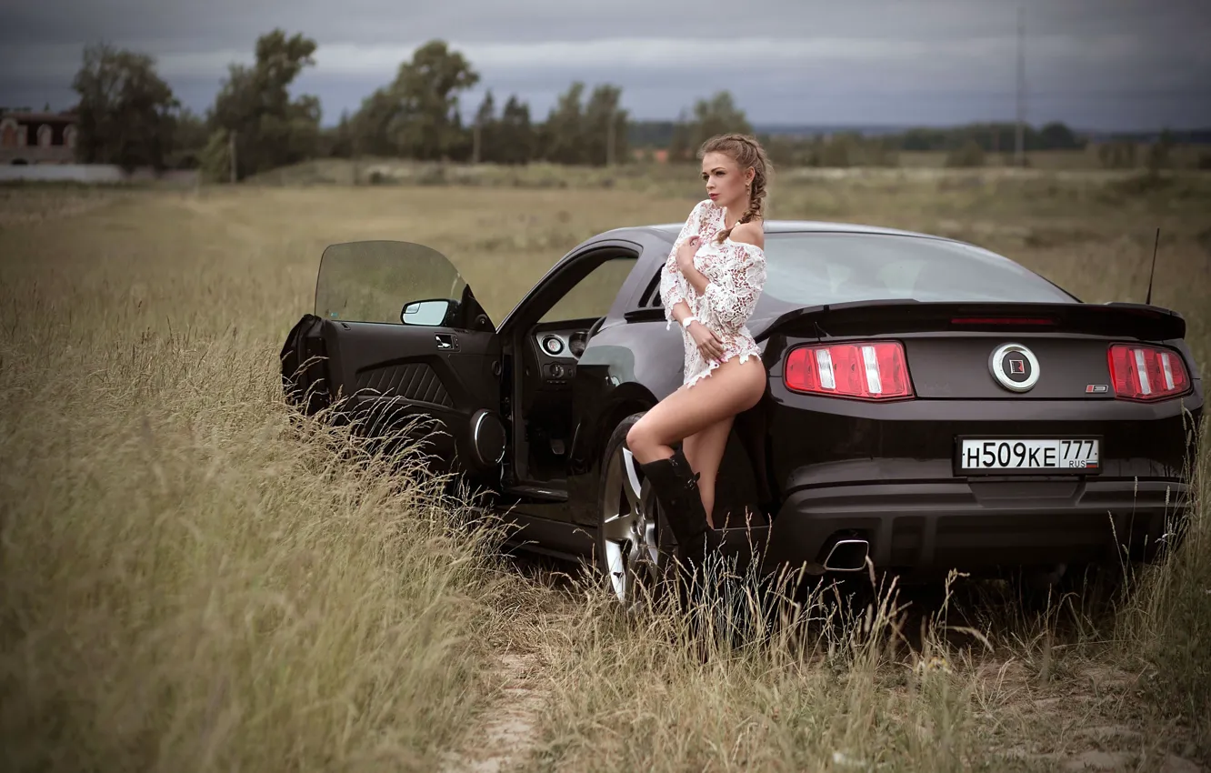 Photo wallpaper car, Ford, Shelby, girl, Ford Mustang, long hair, dress, legs