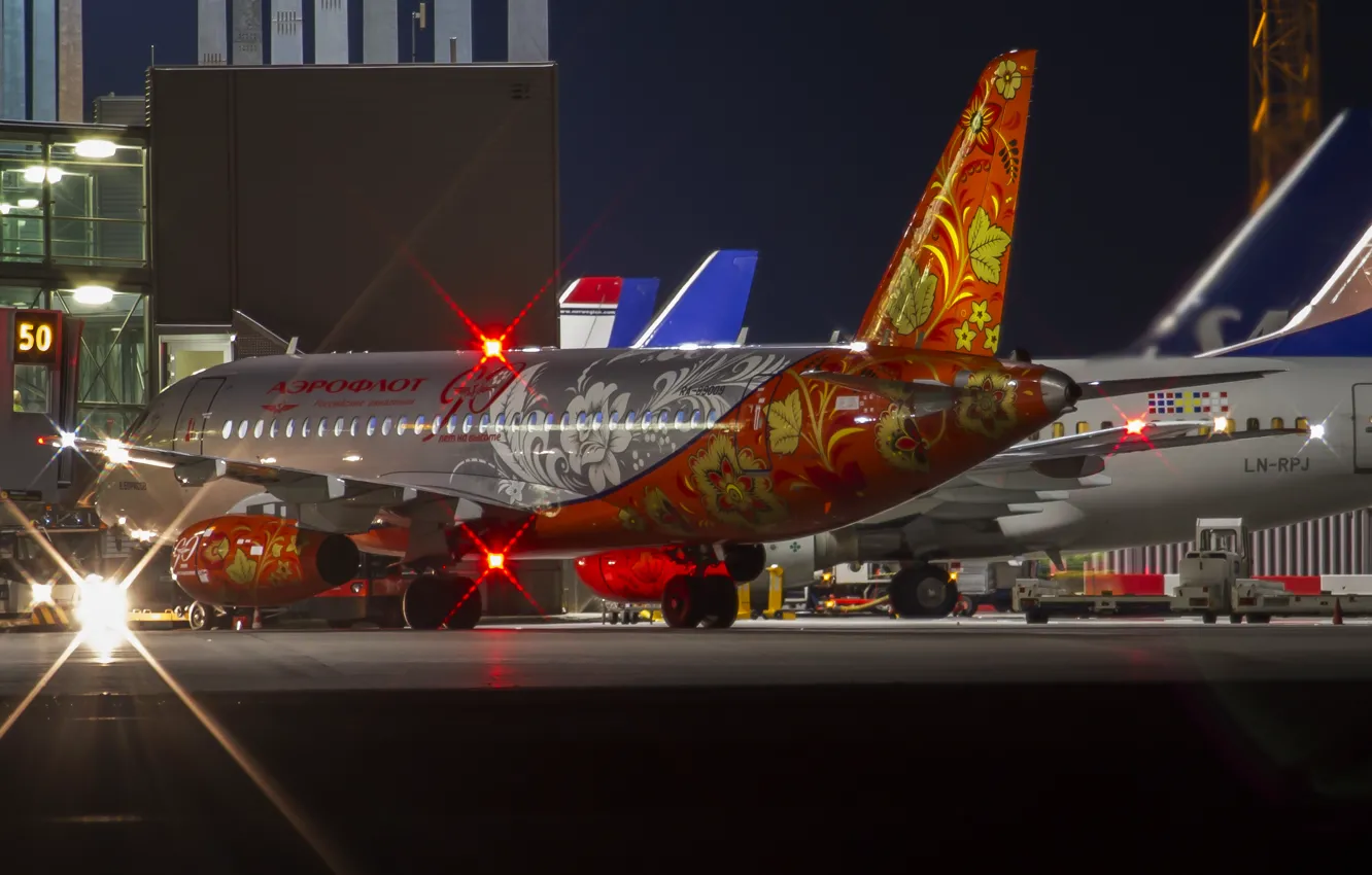 Photo wallpaper night, lights, airport, Russia, the plane, coloring, Aeroflot
