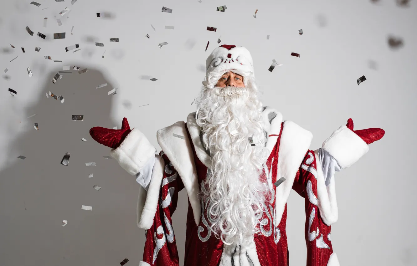 Photo wallpaper pose, new year, shadow, hands, sequins, Christmas, grey background, Santa Claus