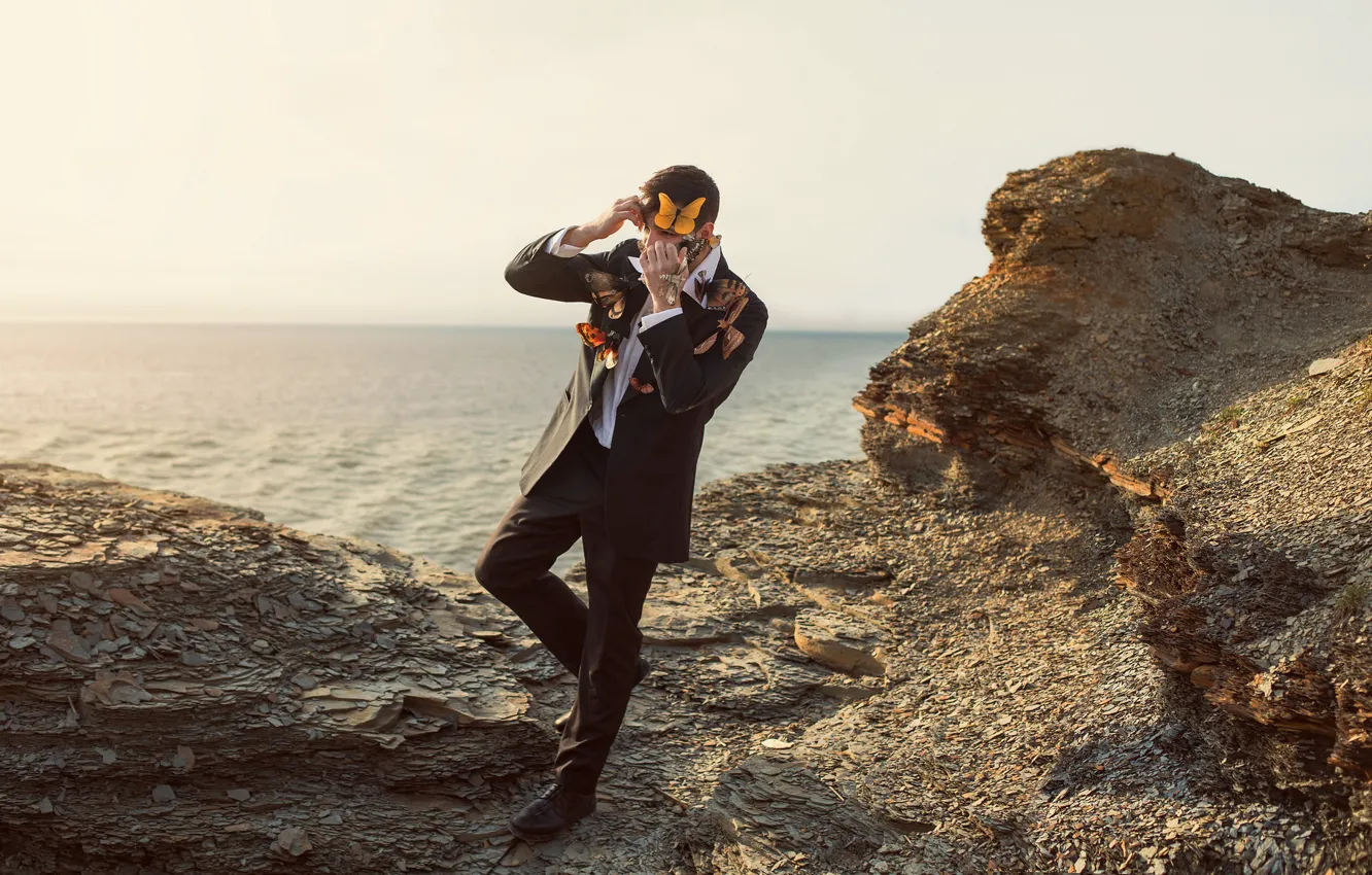 Photo wallpaper butterfly, costume, guy, Melancholy held me