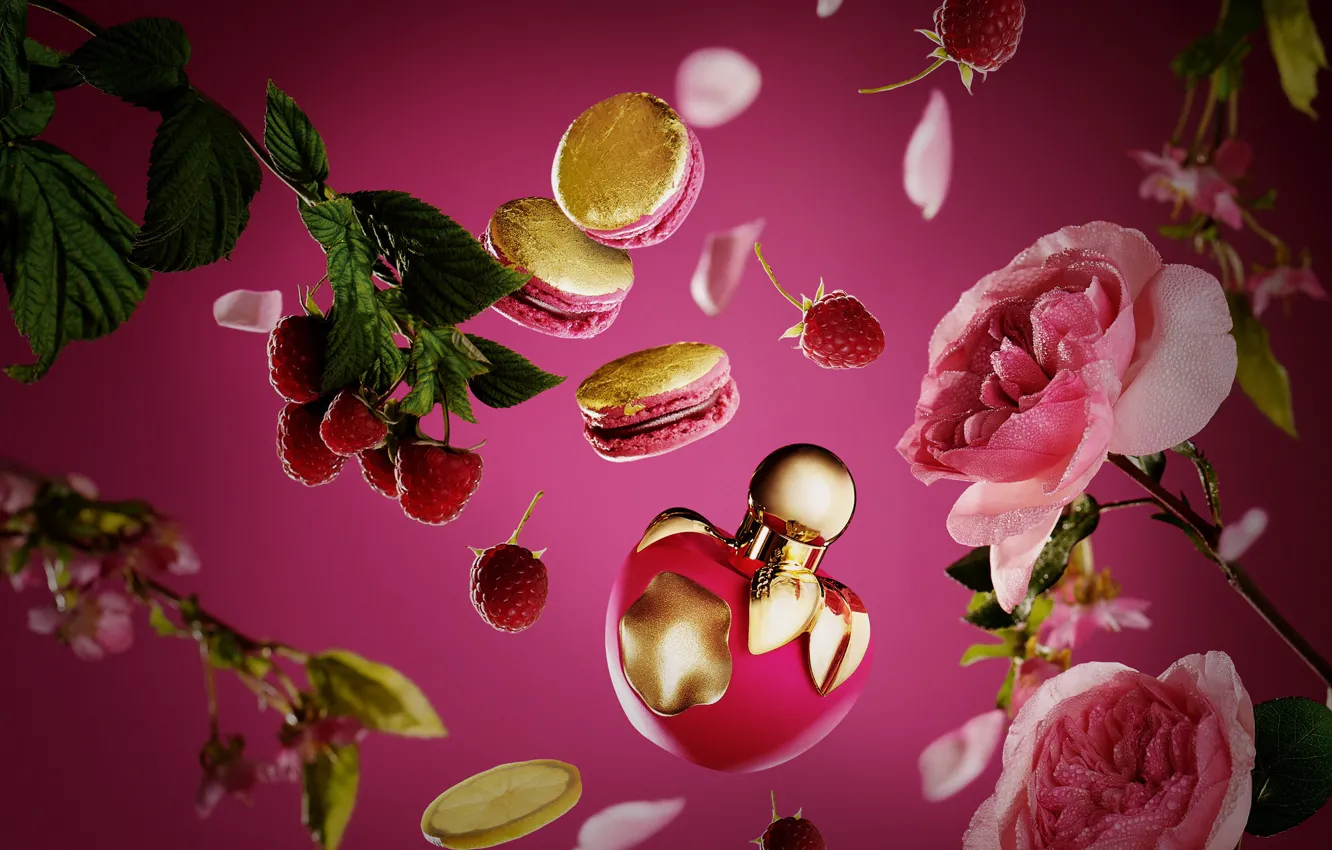 Photo wallpaper roses, perfume, bottle, aroma, perfume, Nina Ricci