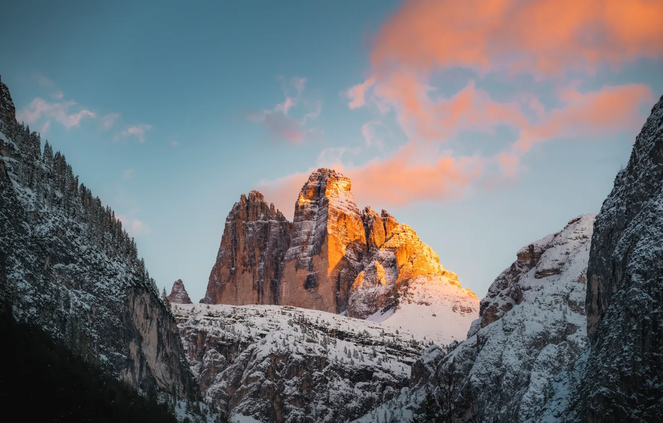Photo wallpaper winter, snow, mountains, clouds, The Dolomites, South Tyrol, South Tyrol, northern Italy