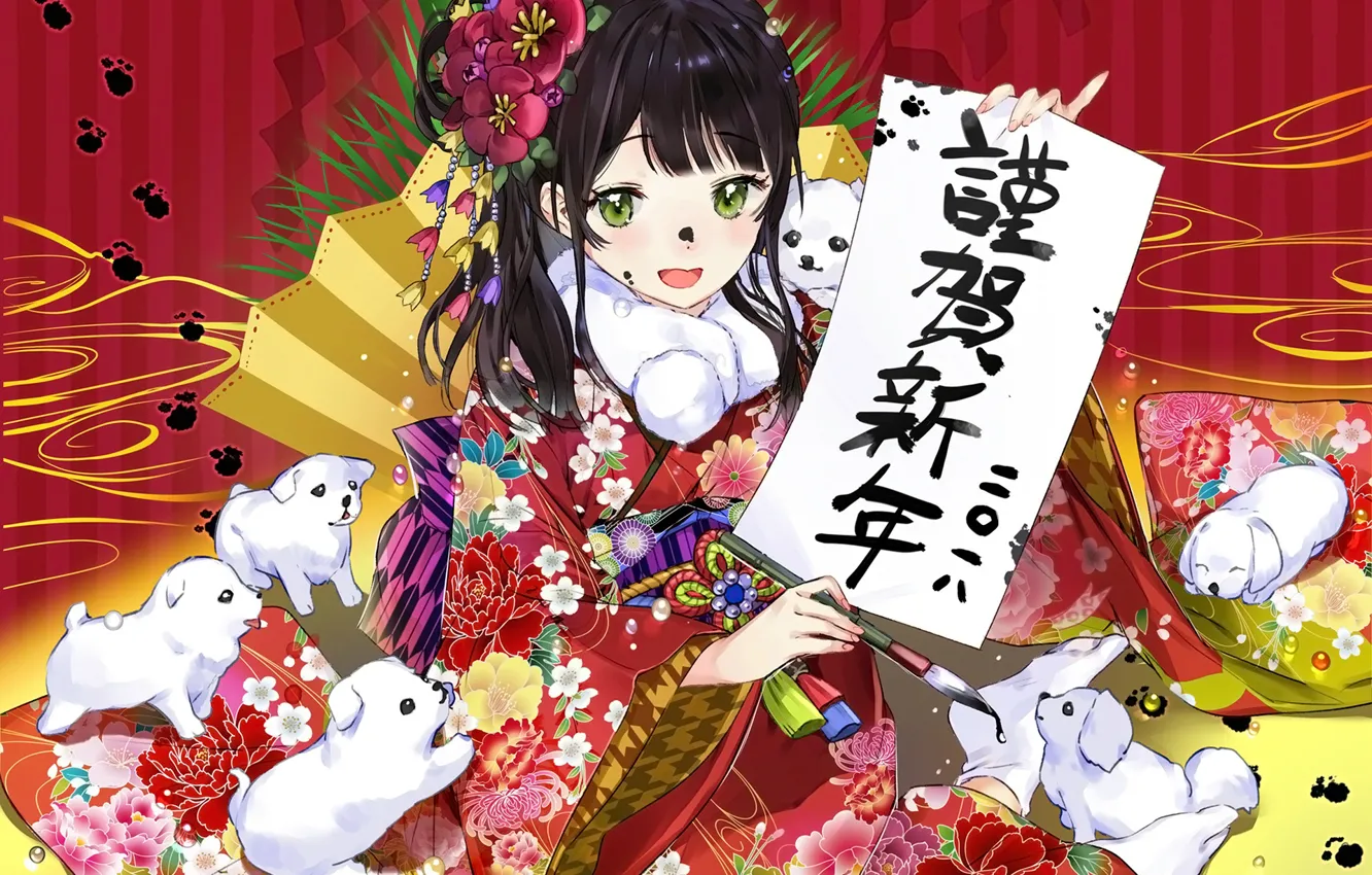 Photo wallpaper girl, dog, characters, ink, a sheet of paper