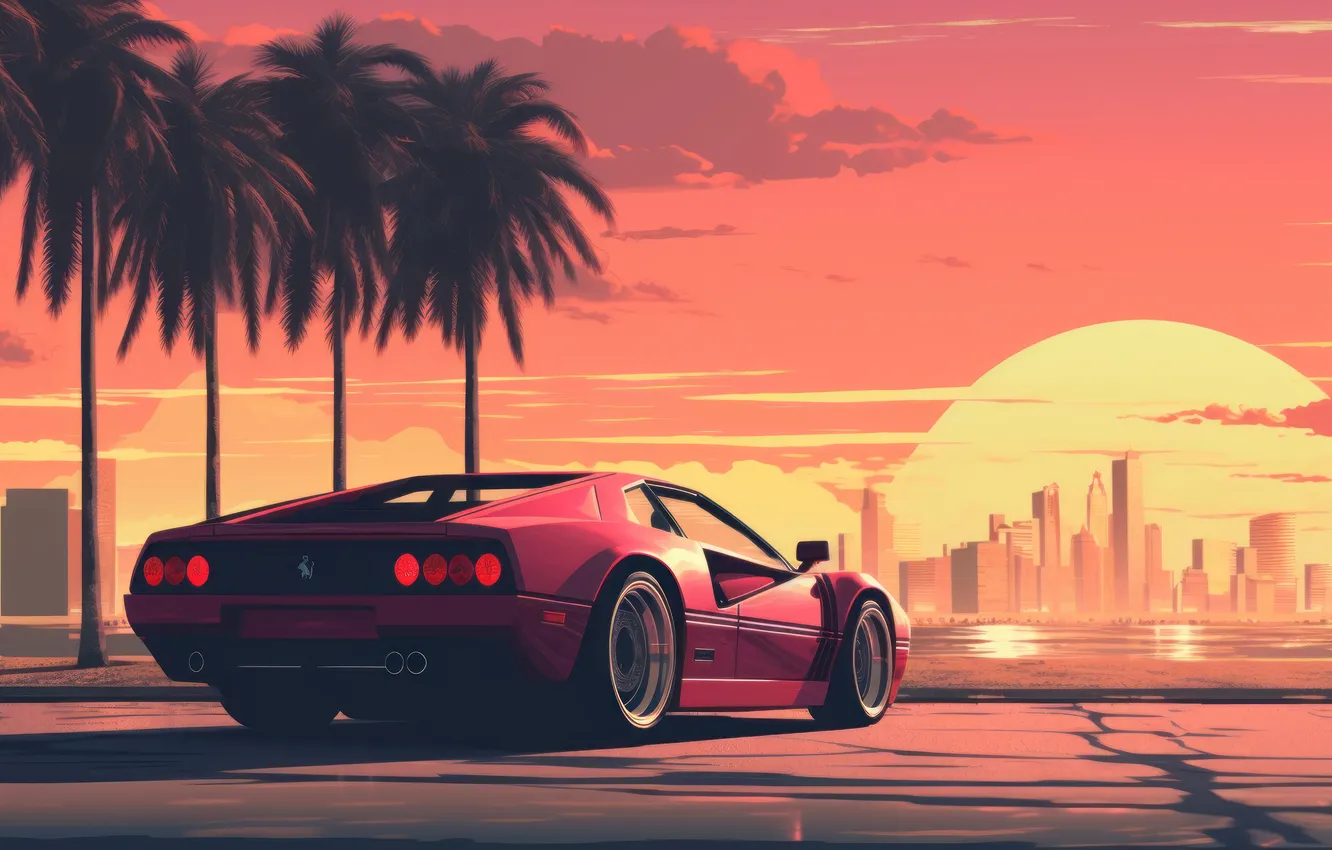 Photo wallpaper sunset, scenery, palm trees, digital art, Sports car, AI Generated