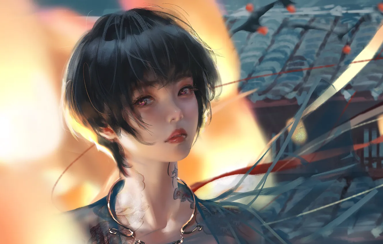 Photo wallpaper look, girl, decoration, hair, tattoo, Princess, Ghost Blade, Wlop