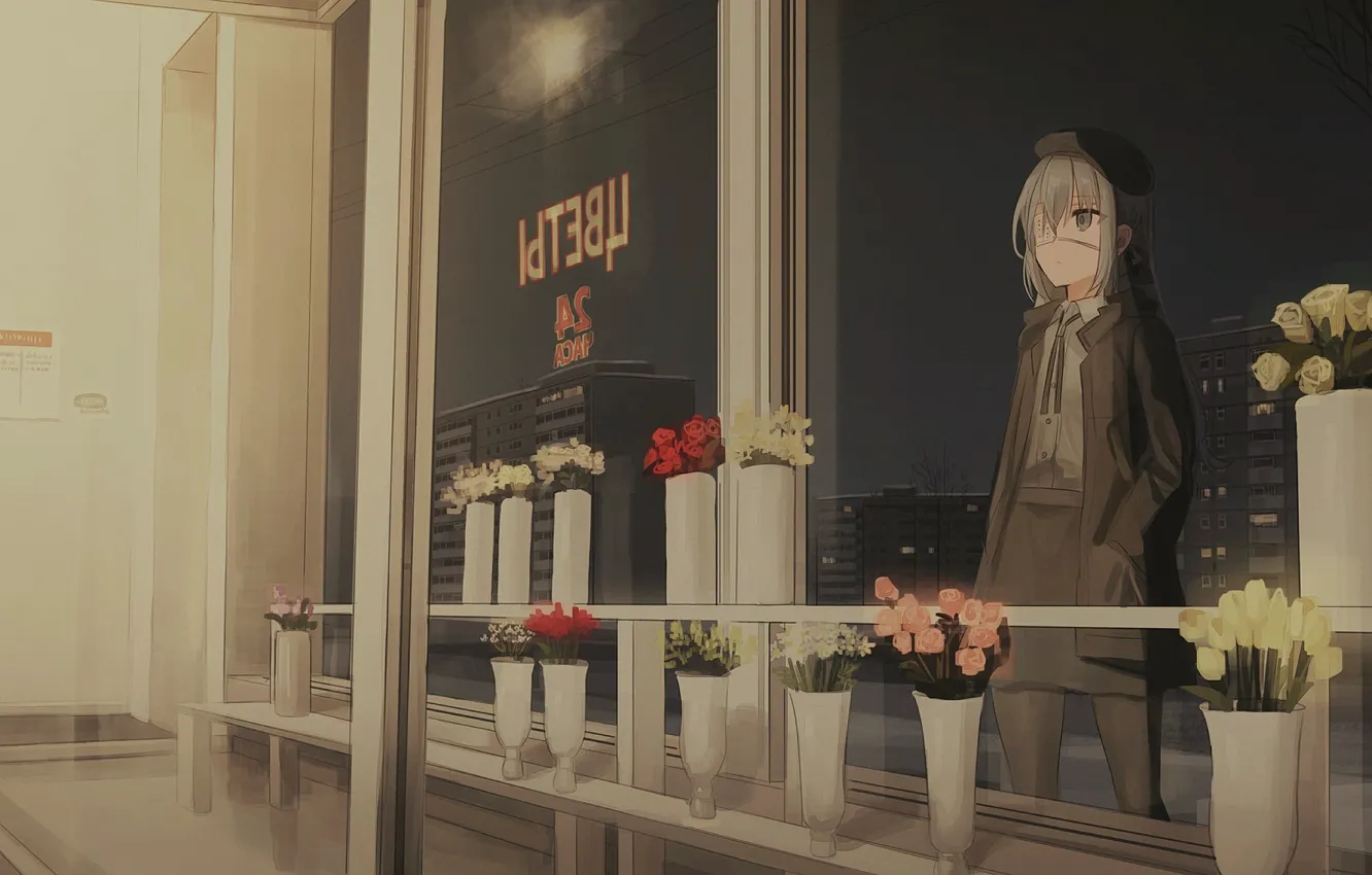 Photo wallpaper glass, girl, flowers, shop, showcase