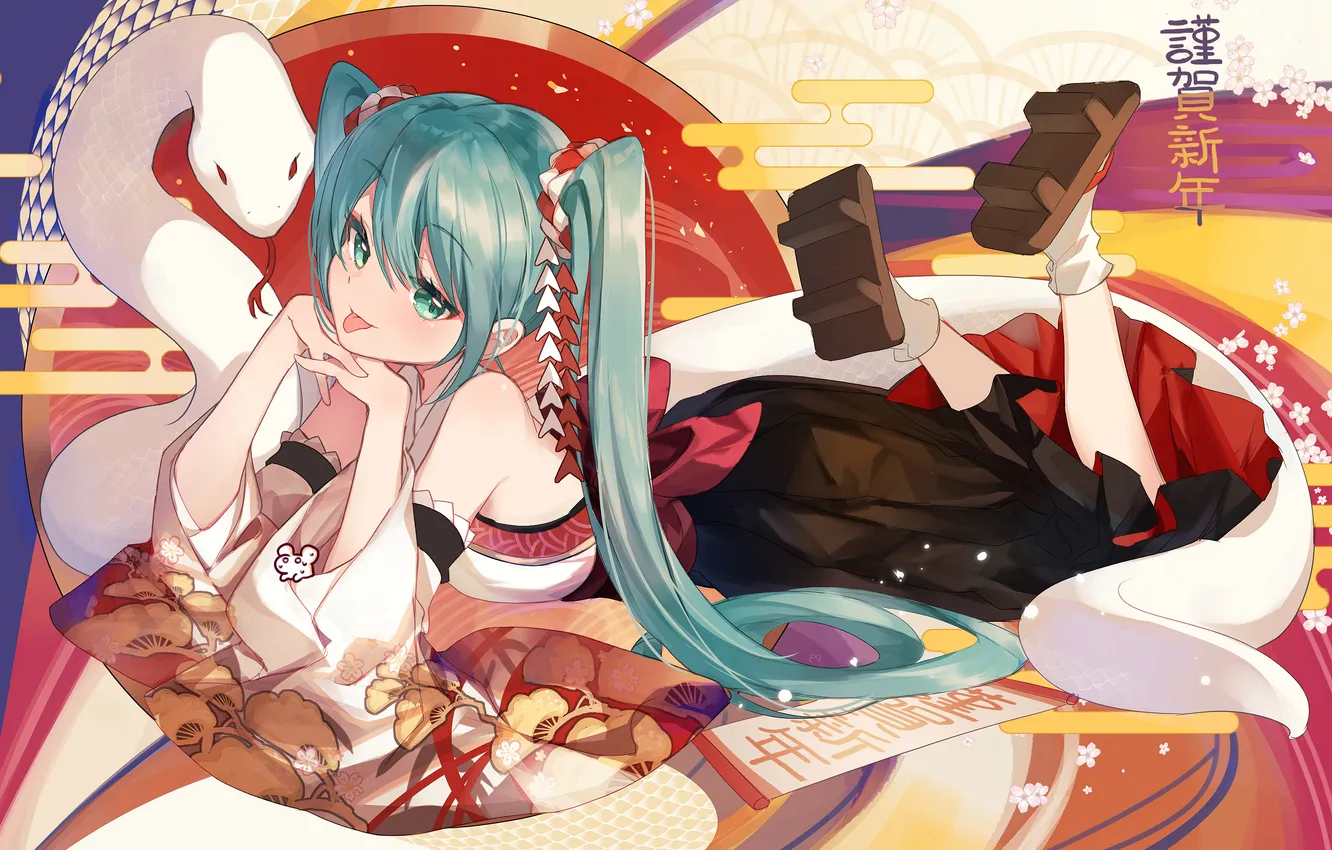 Photo wallpaper new year, snake, hatsune miku, vocalaoid