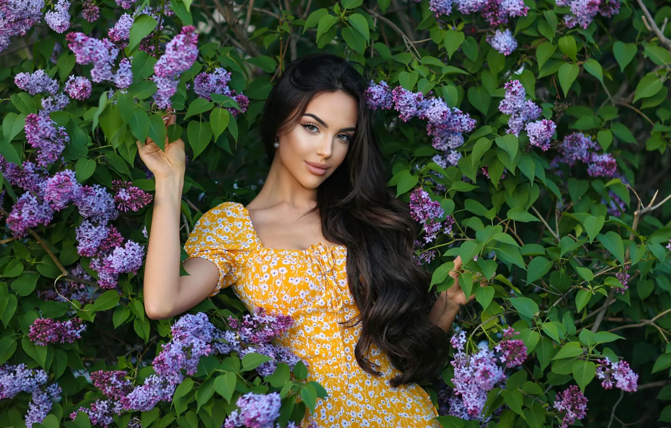 Photo wallpaper look, nature, spring, dress, brunette, long hair, lilac, Ruslan Duke