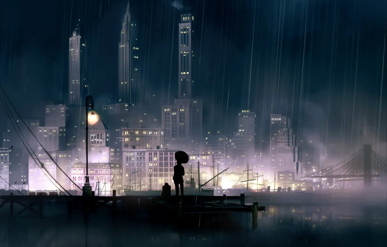 Photo wallpaper night, the city, lights, rain, anime, pier, promenade