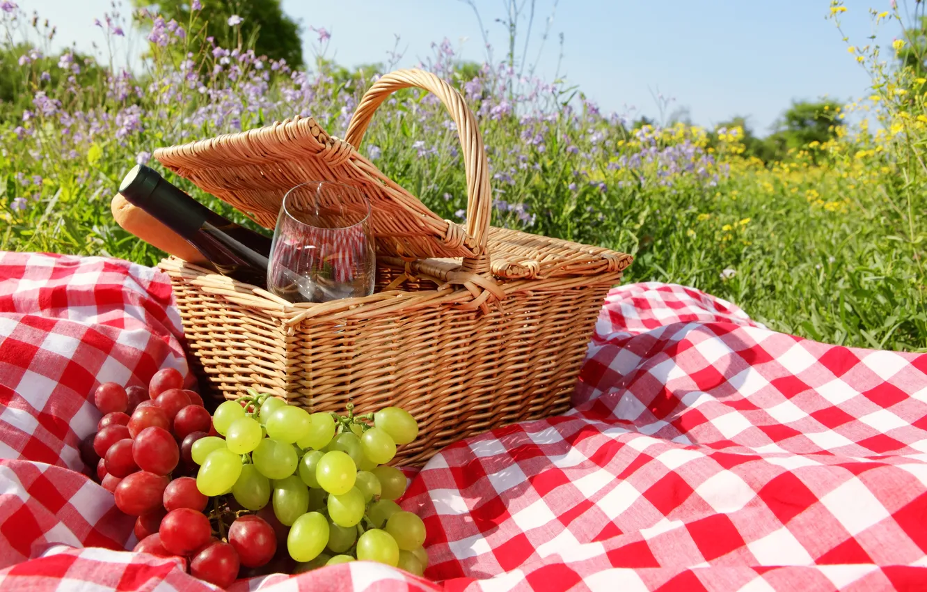 Photo wallpaper basket, glass, grapes, weed, grape, napkin, basket grass, a napkin