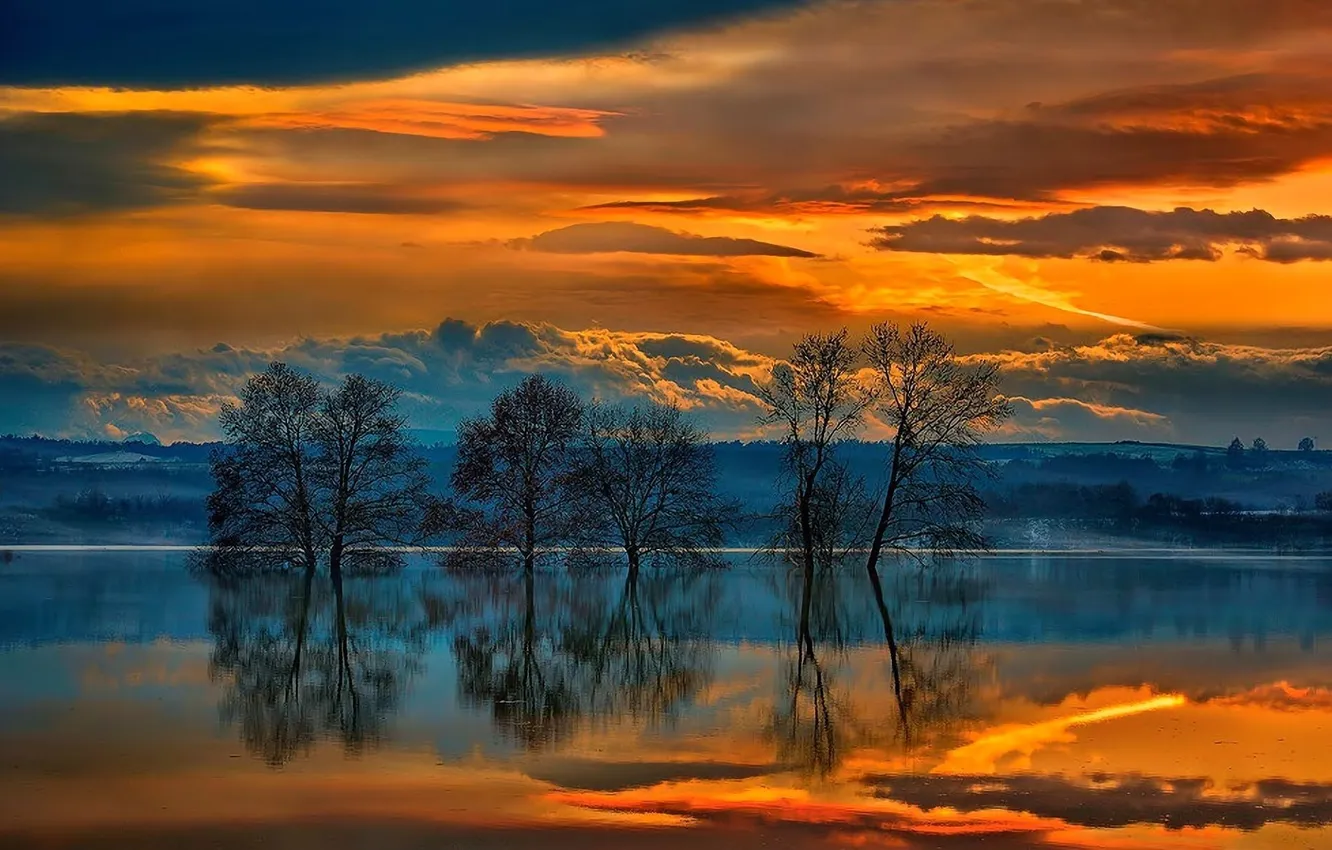 Photo wallpaper the sky, water, clouds, trees, sunset, clouds, nature, reflection