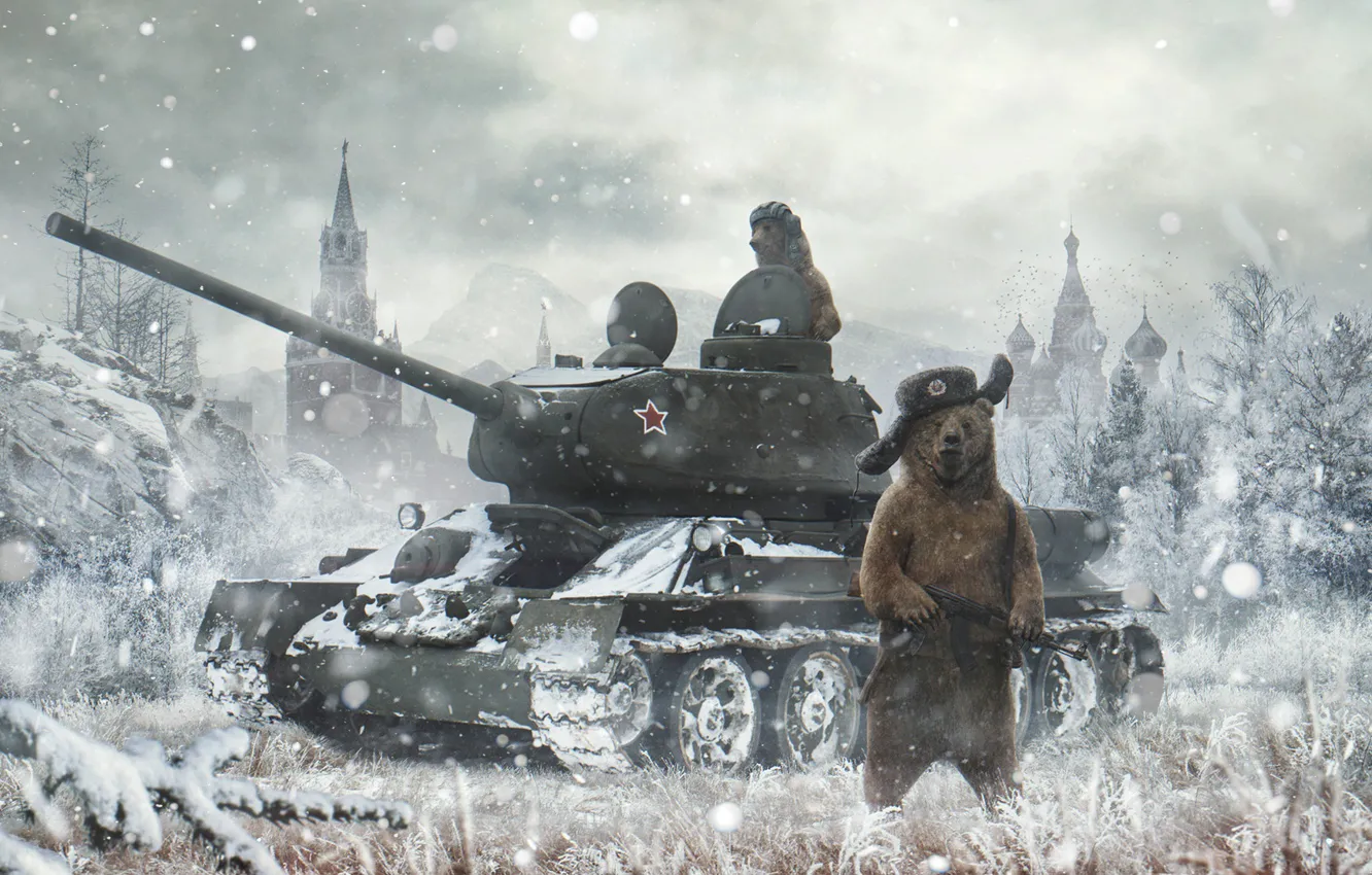 Photo wallpaper Winter, Snow, Bear, Bears, The Kremlin, St. Basil's Cathedral, Russia, Machine