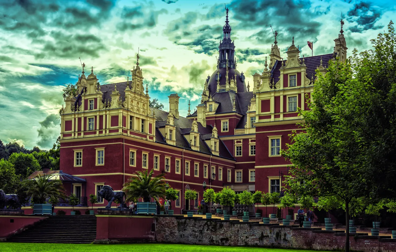 Photo wallpaper greens, the sky, clouds, trees, castle, lawn, Germany, ladder