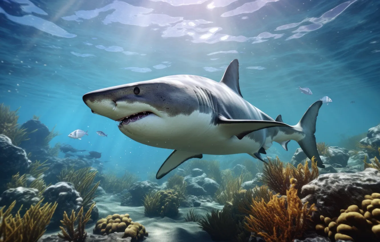 Photo wallpaper sea, water, fish, predator, shark, corals, mouth, underwater world