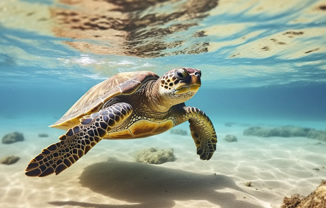 Photo wallpaper sea, turtle, sea turtle, AI art, neural network