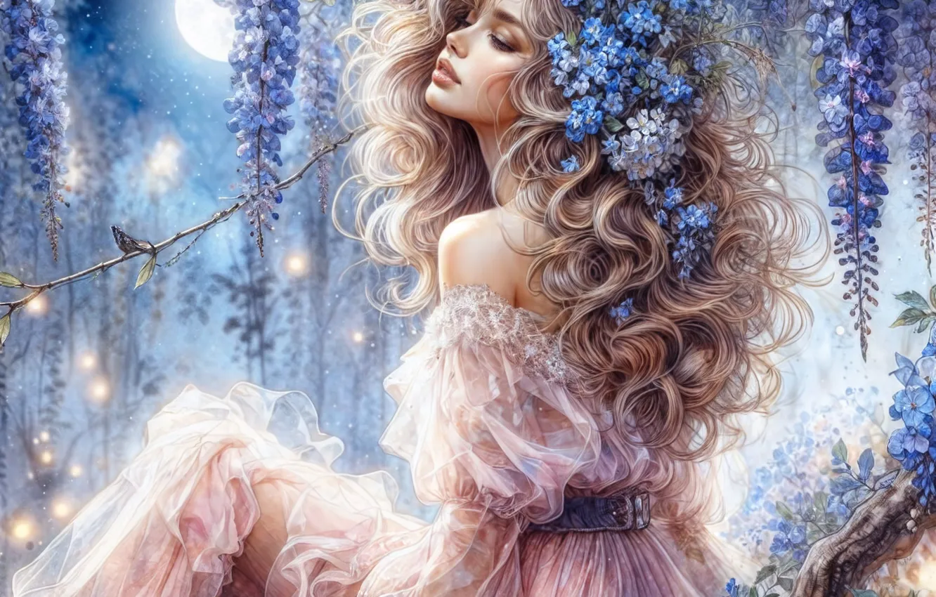 Photo wallpaper look, girl, decoration, night, nature, lights, blue, the moon