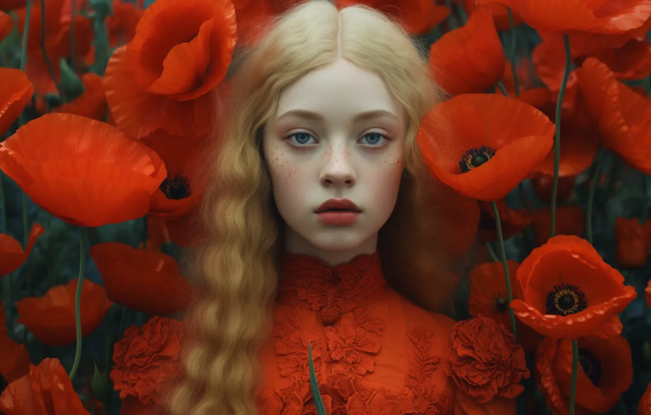 Photo wallpaper look, girl, flowers, red, Mac, Maki, portrait, blonde