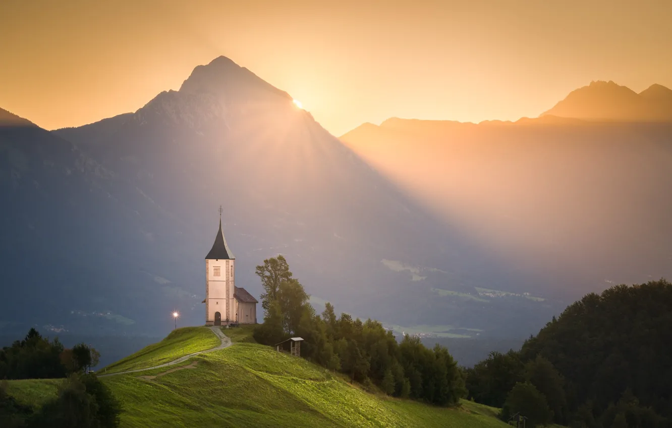 Photo wallpaper road, the sun, rays, landscape, mountains, nature, hills, morning