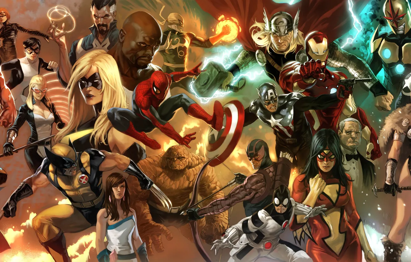 Photo wallpaper spider-man, collage, x-men, comics, Superman, iron man, marvel, captain America