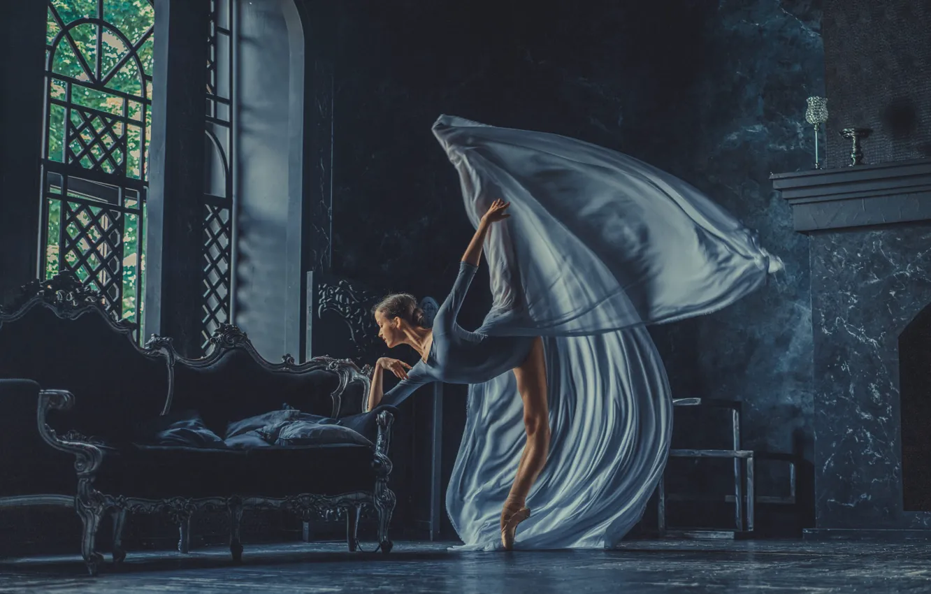 Photo wallpaper girl, pose, room, dance, dress, hall, ballerina, ballet
