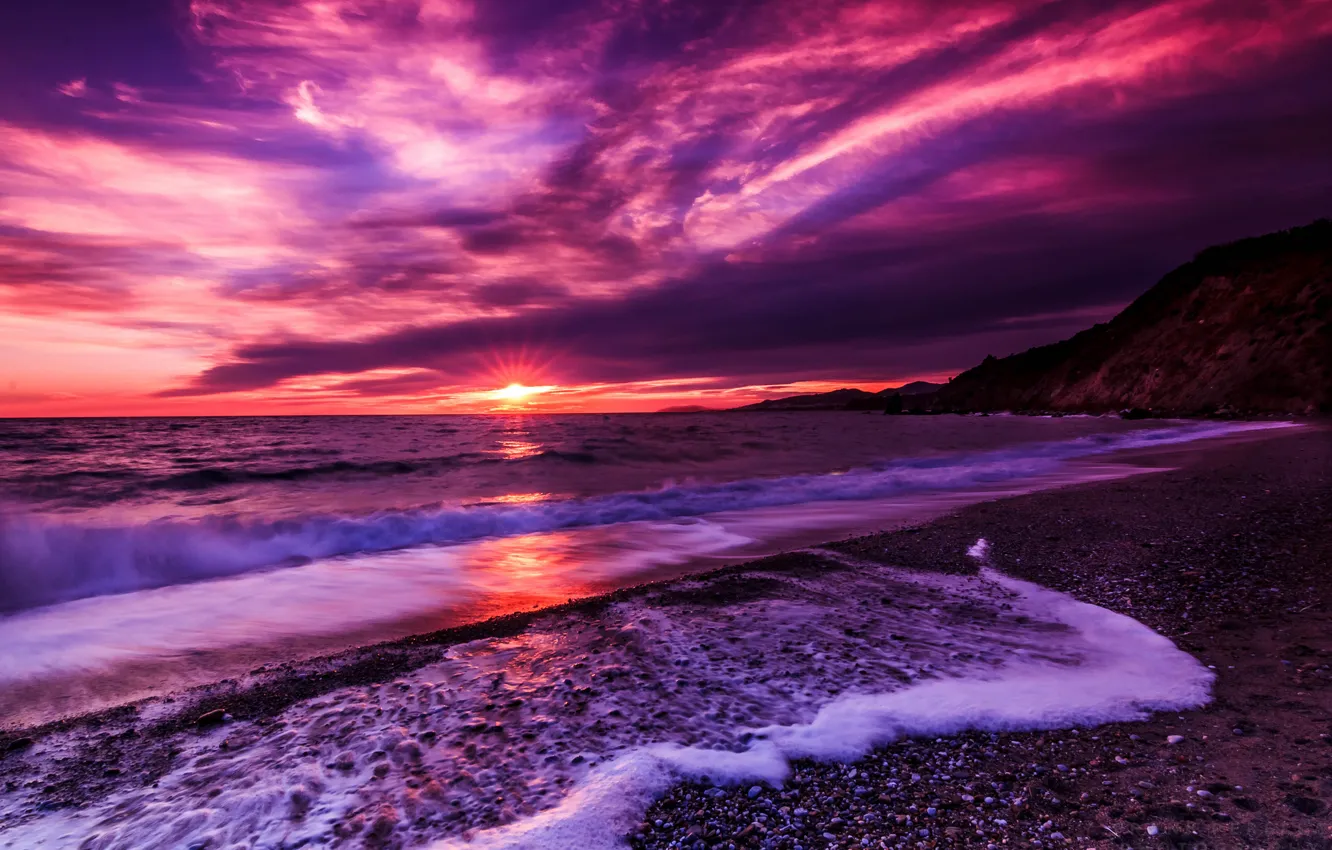 Photo wallpaper sea, beach, sunset, lilac