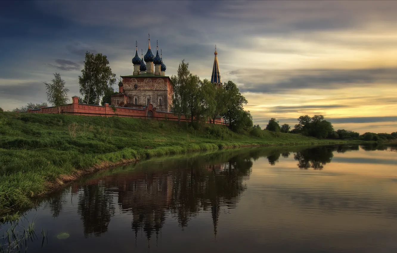 Photo wallpaper landscape, nature, river, temple, Bank, dome, Dunilovo, Agoranov Alex