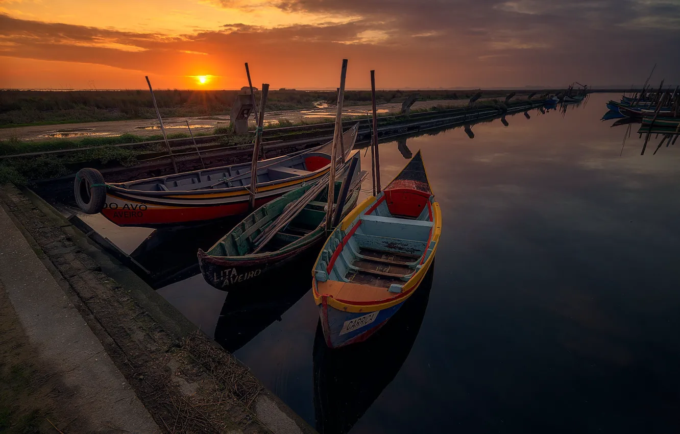 Photo wallpaper sunset, boats, the evening, pier, pierce