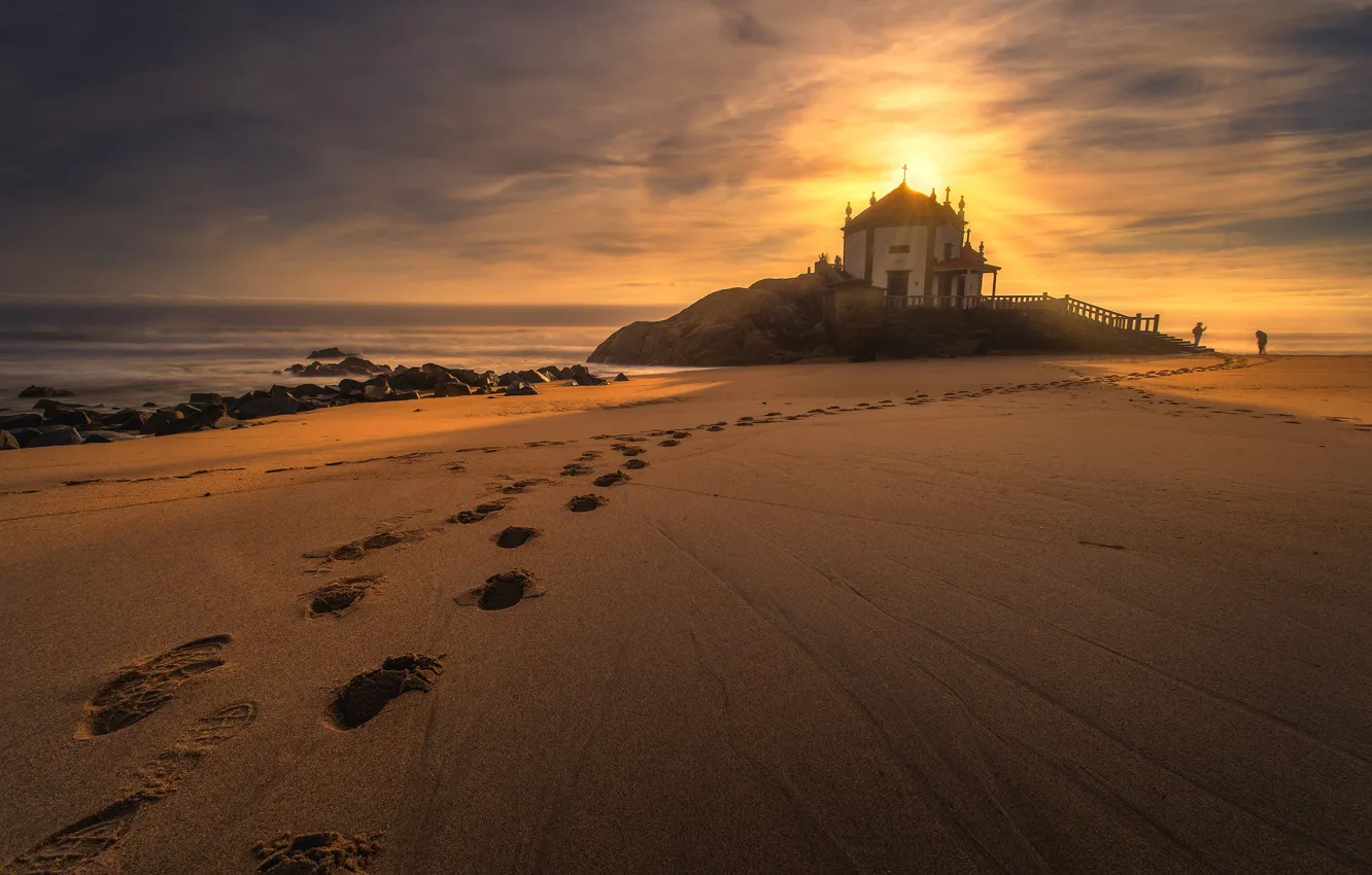 Photo wallpaper sand, sea, beach, the sun, sunset, traces, stones, building