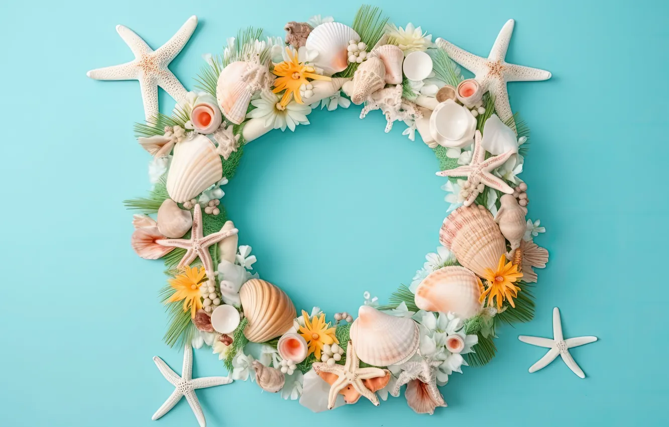 Photo wallpaper shell, summer, wreath, flowers, marine, wreath, seashells