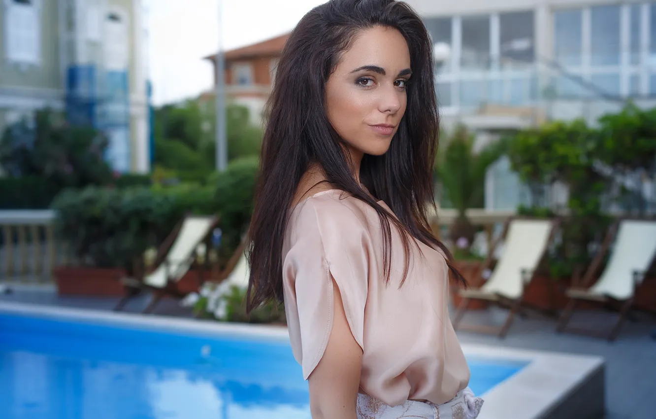 Photo wallpaper look, pose, model, portrait, pool, makeup, dress, brunette