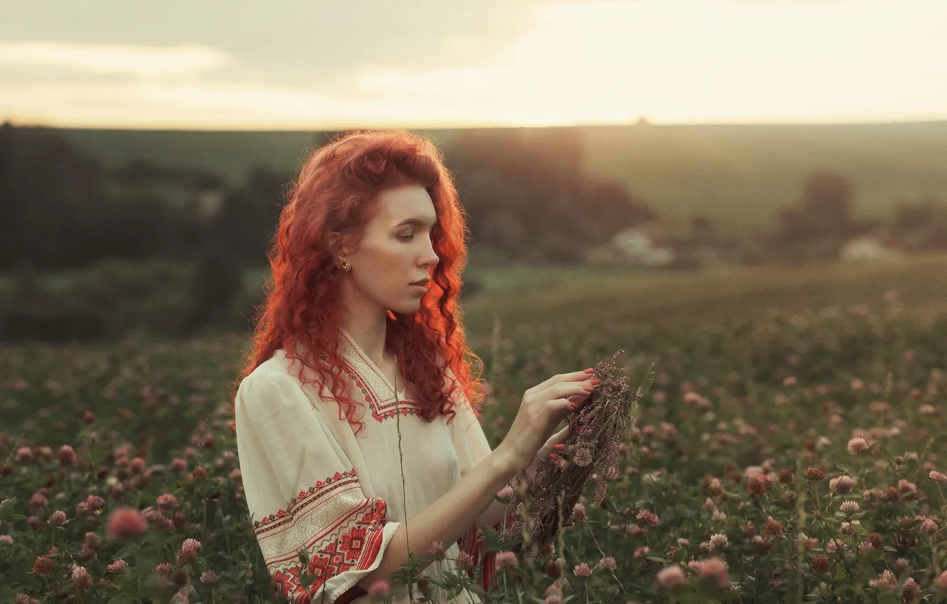 Photo wallpaper field, girl, nature, profile, red, embroidery, Zhodik Serge