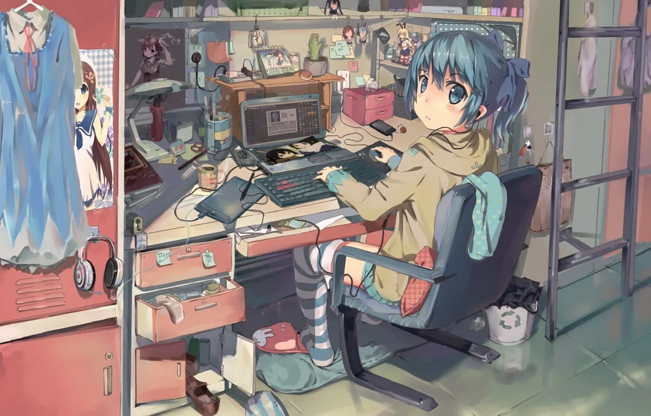 Photo wallpaper girl, wire, anime, art, laptop, misaka mikoto, vocaloid, hatsune miku