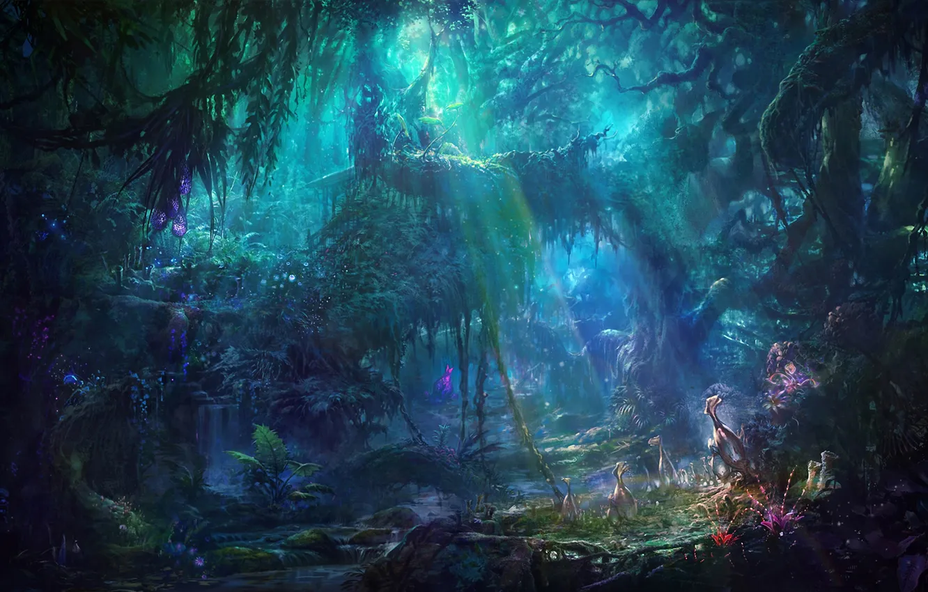 Photo wallpaper forest, rays, flowers, glade, pond