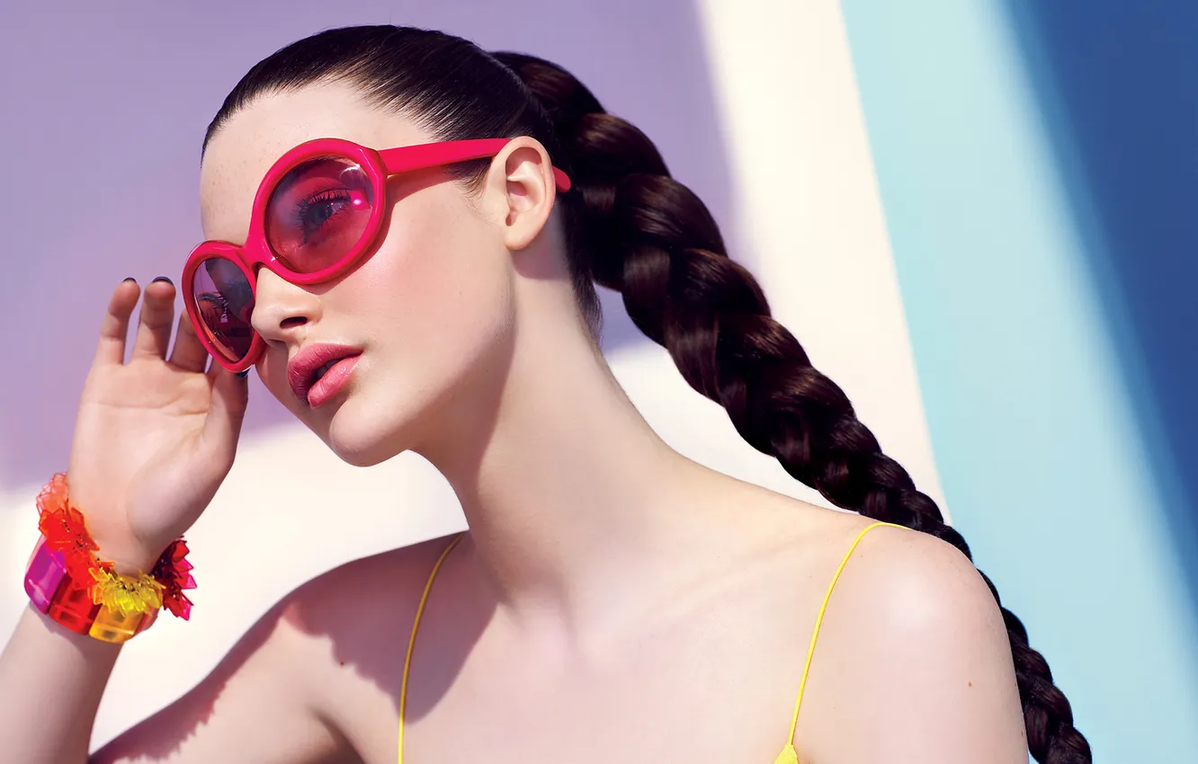 Photo wallpaper face, hair, brunette, glasses, braid