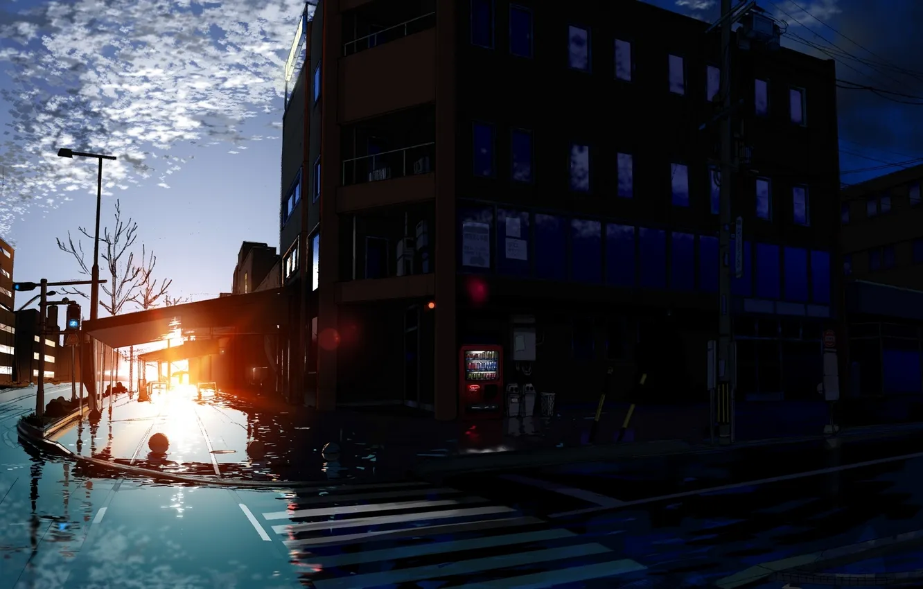 Photo wallpaper the sky, clouds, trees, sunset, building, the urban landscape, without people