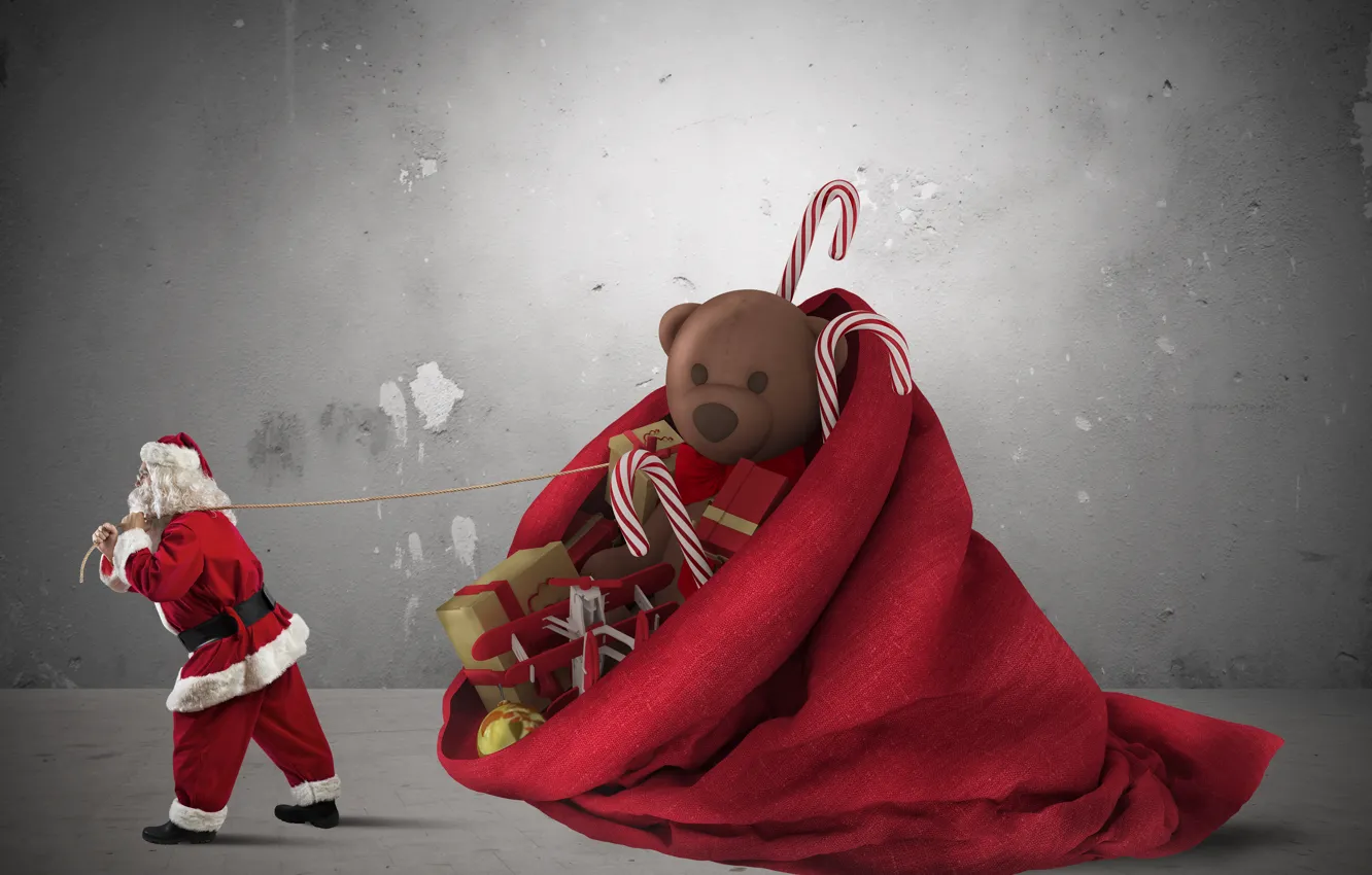 Photo wallpaper red, holiday, toys, new year, gifts, Santa Claus, bag, Santa Claus