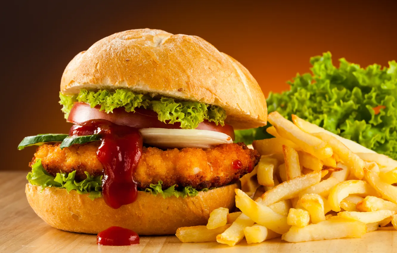 Photo wallpaper hamburger, French fries, Fast food