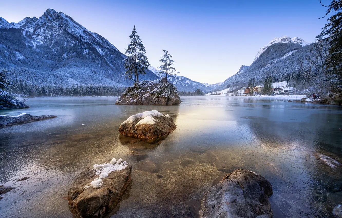 Photo wallpaper winter, forest, the sky, snow, mountains, blue, stones, rocks