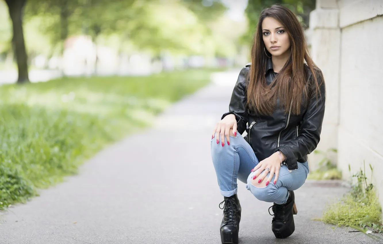 Photo wallpaper girl, leather, look, cute, jacket