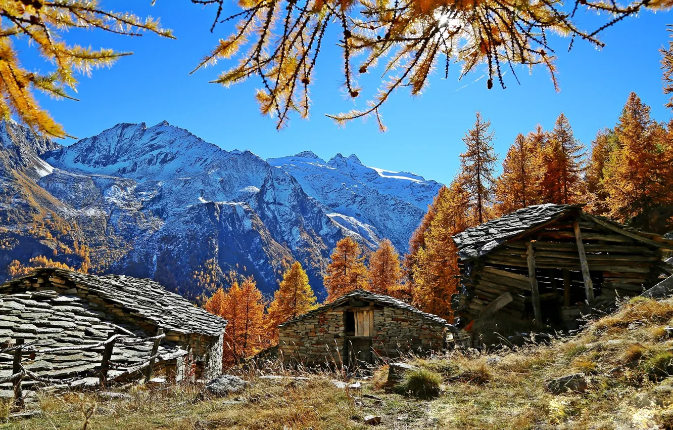 Photo wallpaper autumn, mountains, Alps, Italy, Italy, Cogne, Valle d'aosta, sheds