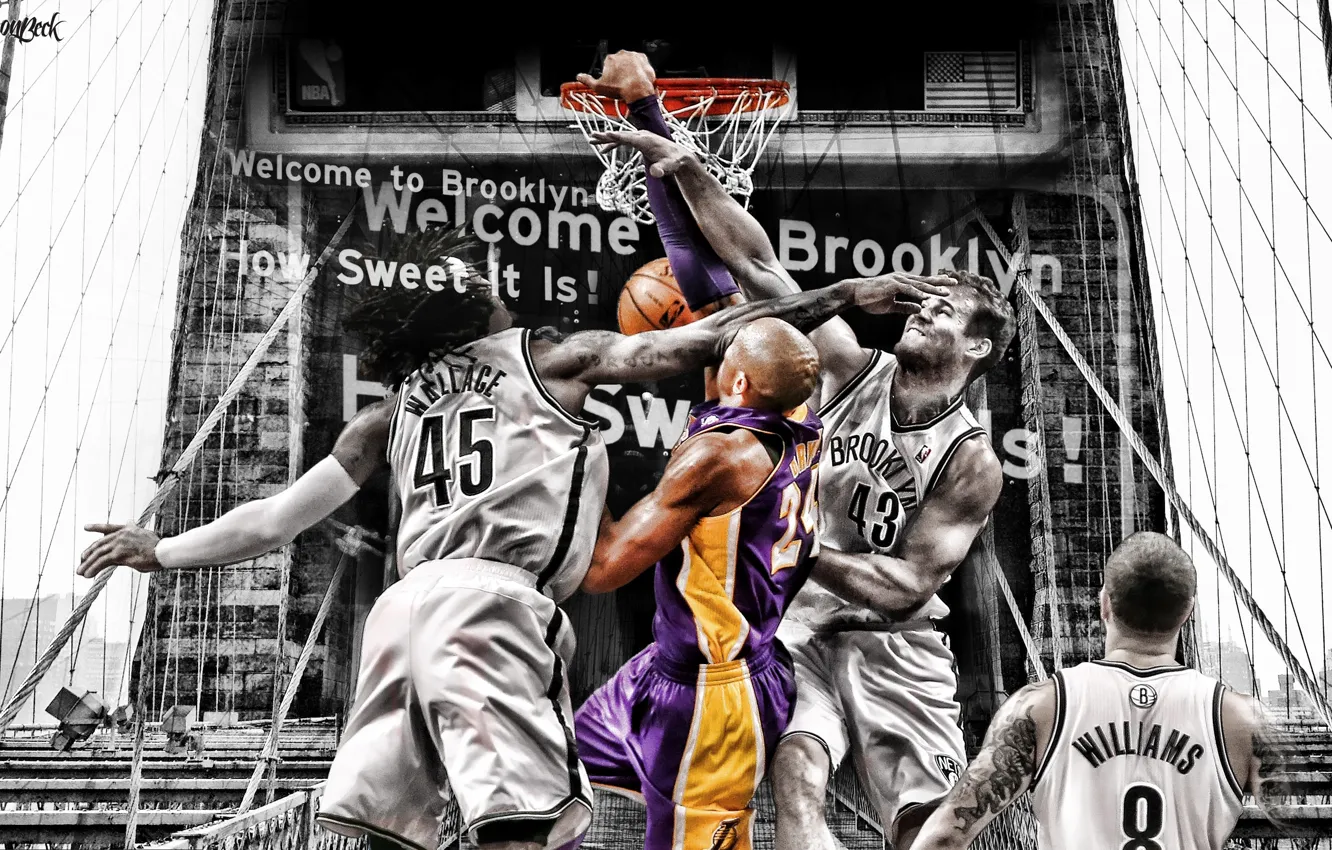 Photo wallpaper Bridge, Ring, NBA, Lakers, Kobe Bryant, Nets, Players, Black And White