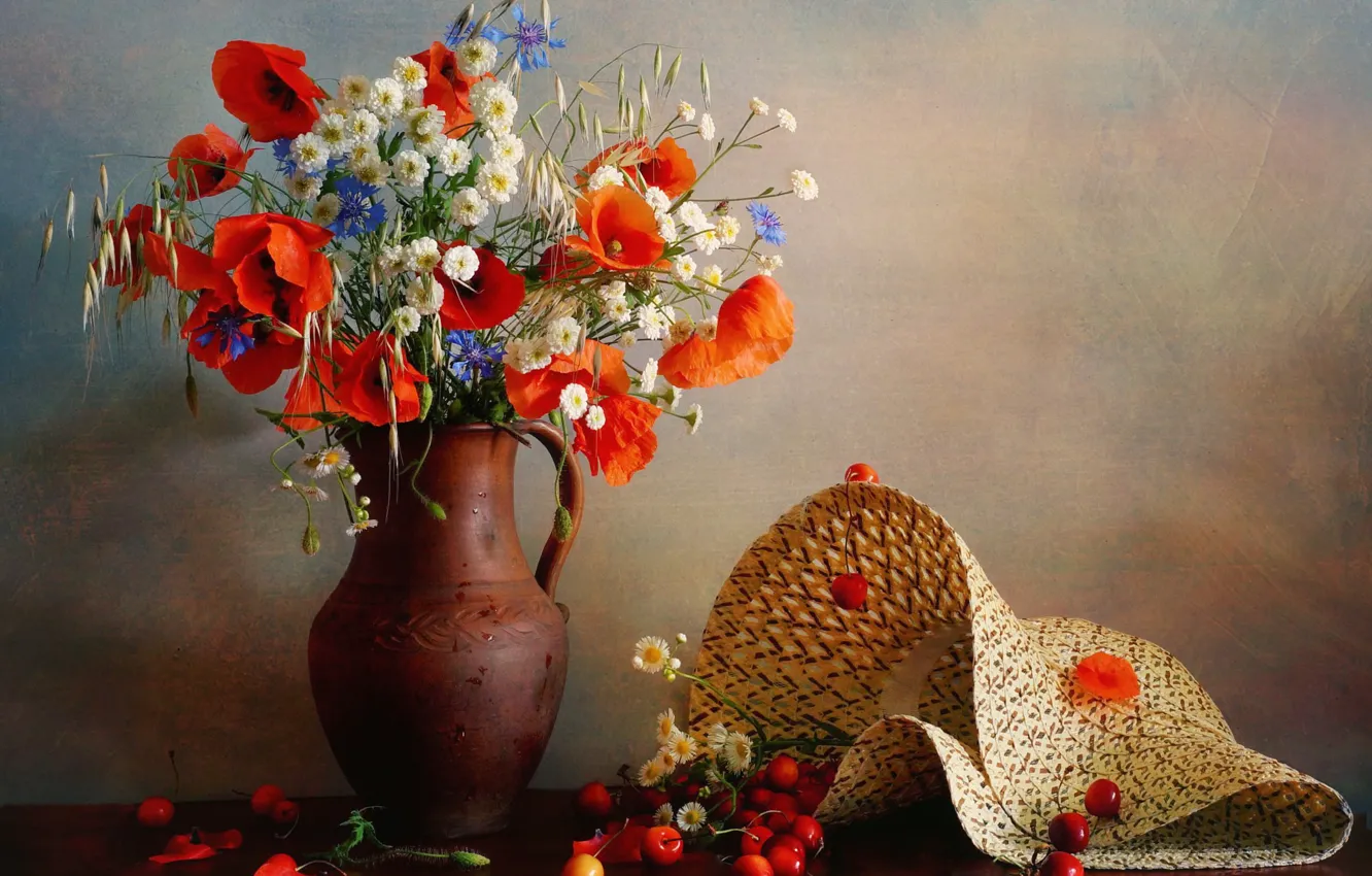 Photo wallpaper flowers, berries, Maki, hat, ears, pitcher, cherry, cornflowers