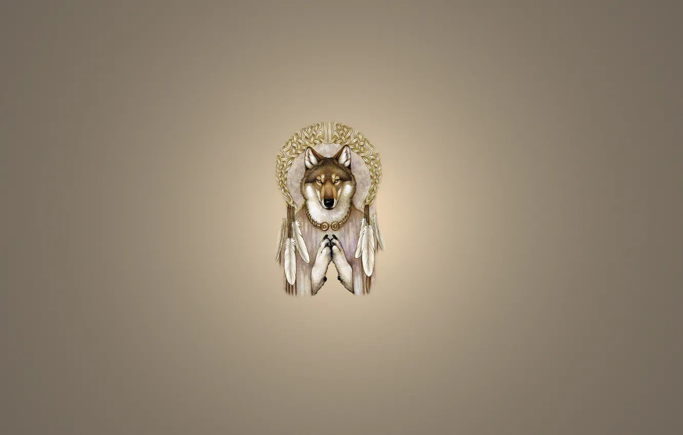 Photo wallpaper wolf, minimalism, feathers, light background, wolf, Dreamcatcher, Dreamcatcher