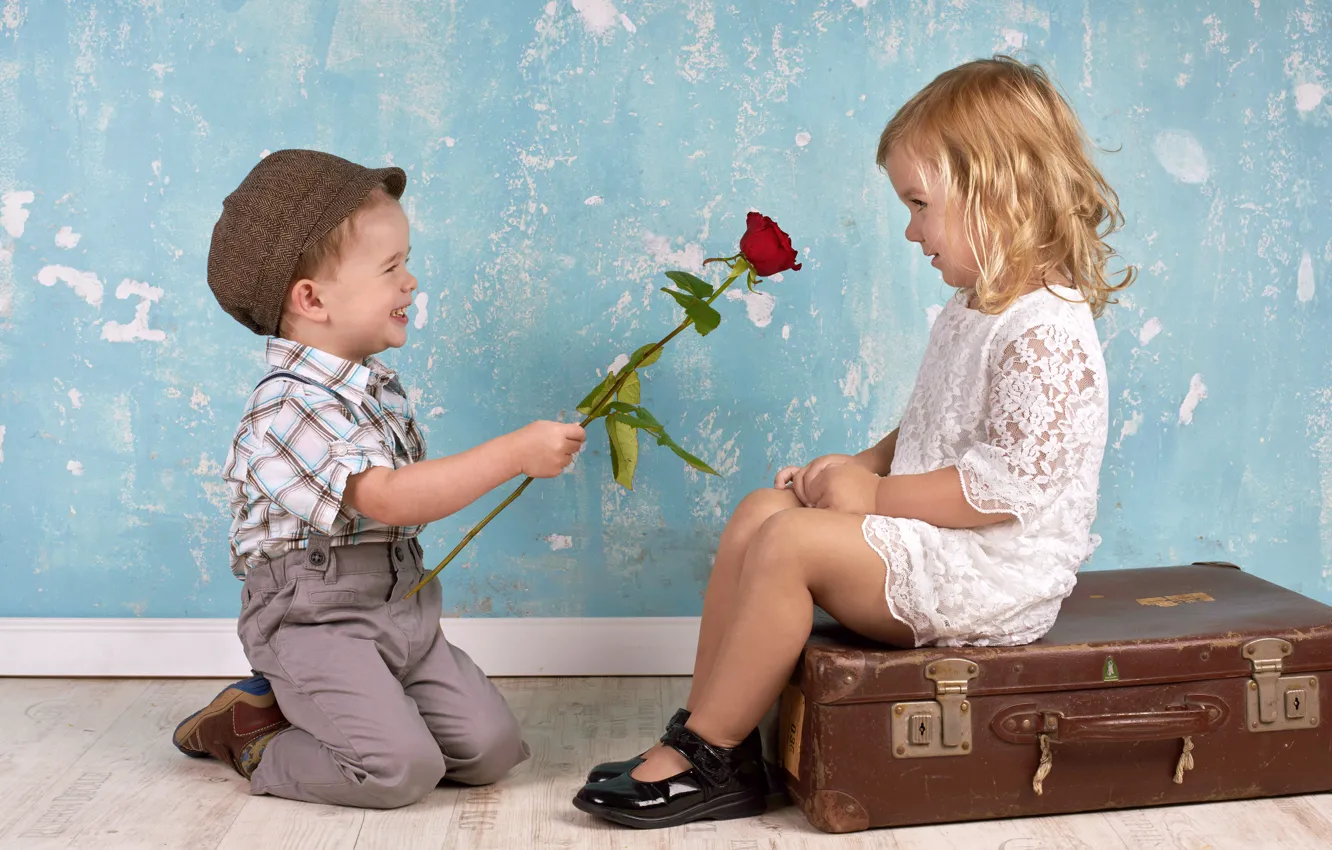 Photo wallpaper smile, surprise, boy, girl, gives rose