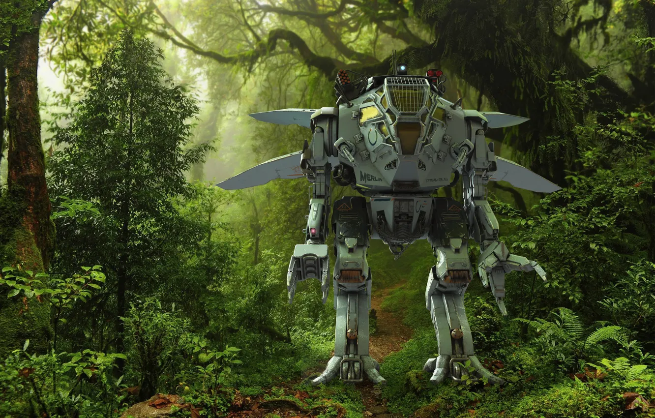 Photo wallpaper forest, trees, robot, trail, Merlin Scout