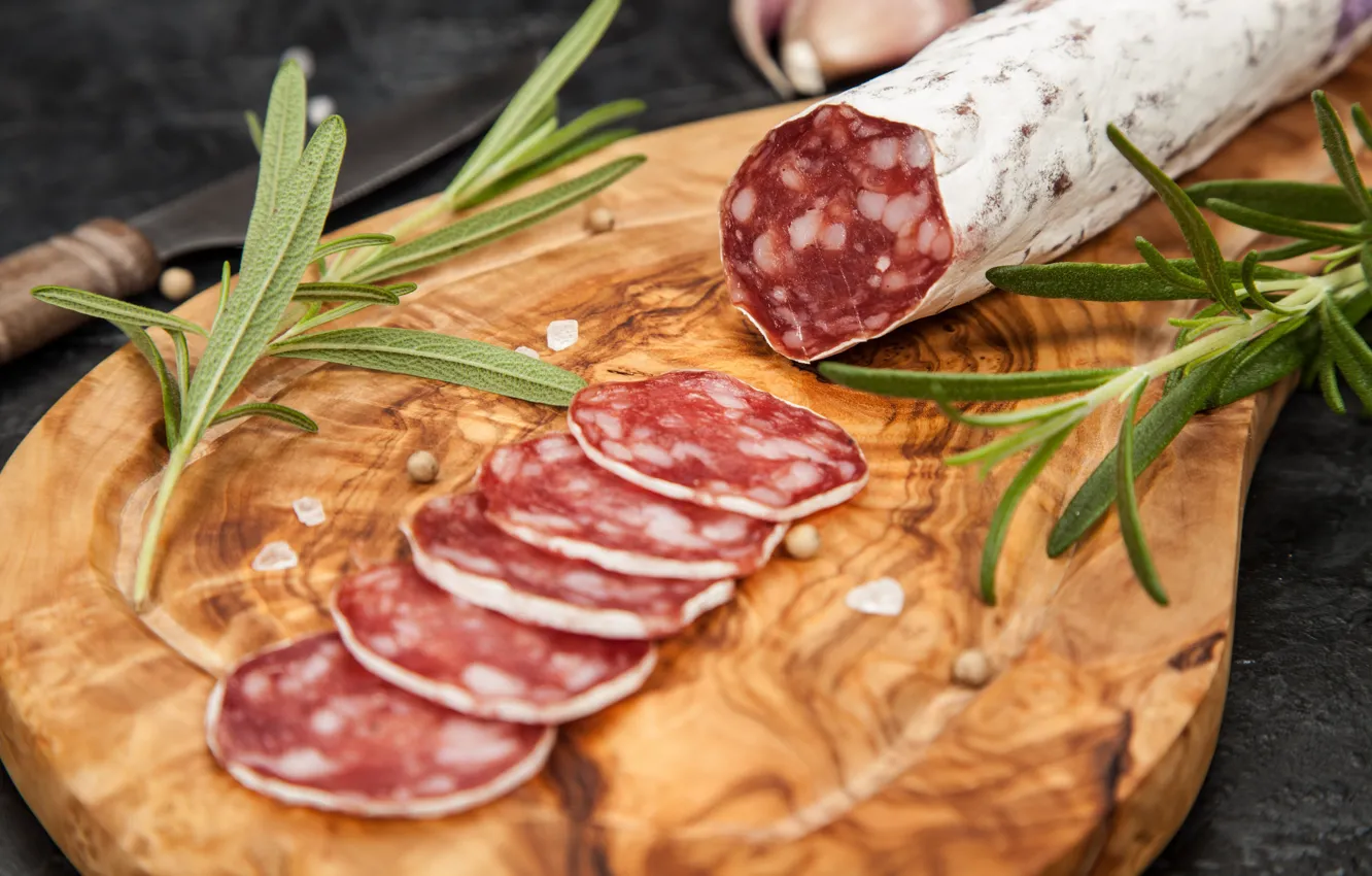 Photo wallpaper cutting, seasoning, salami, sausage product