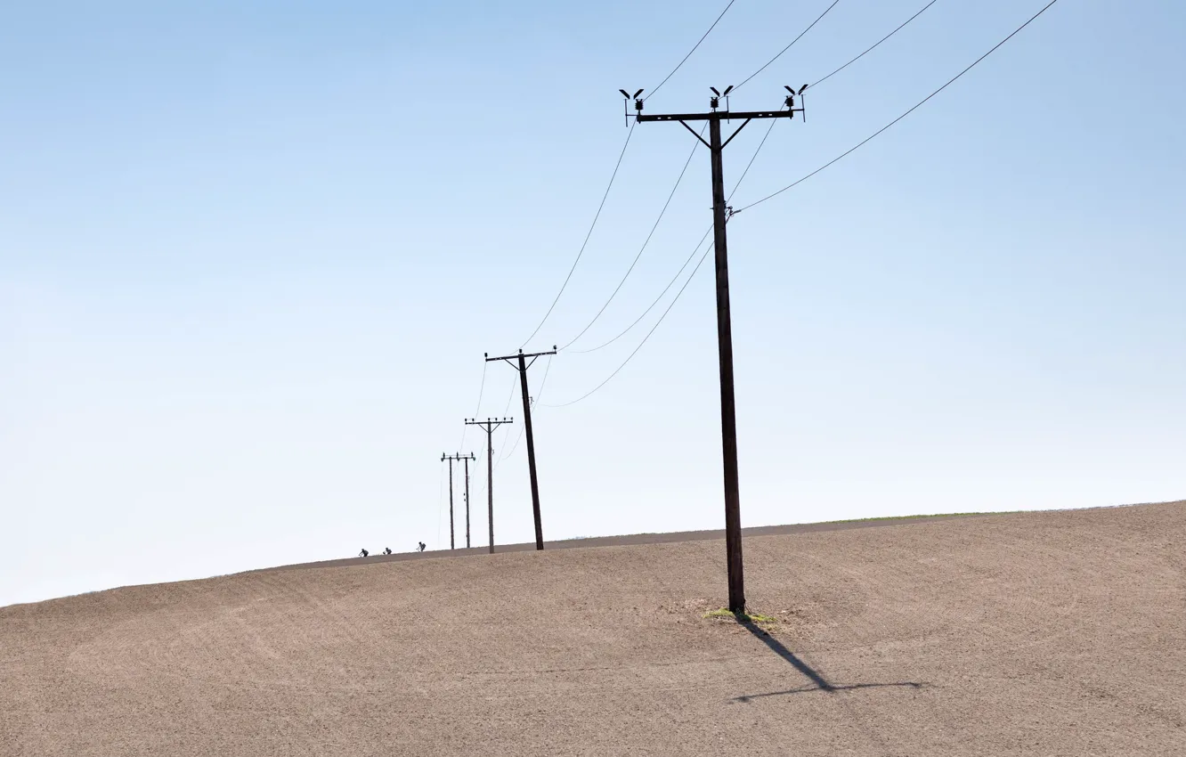 Photo wallpaper field, cyclist, power lines