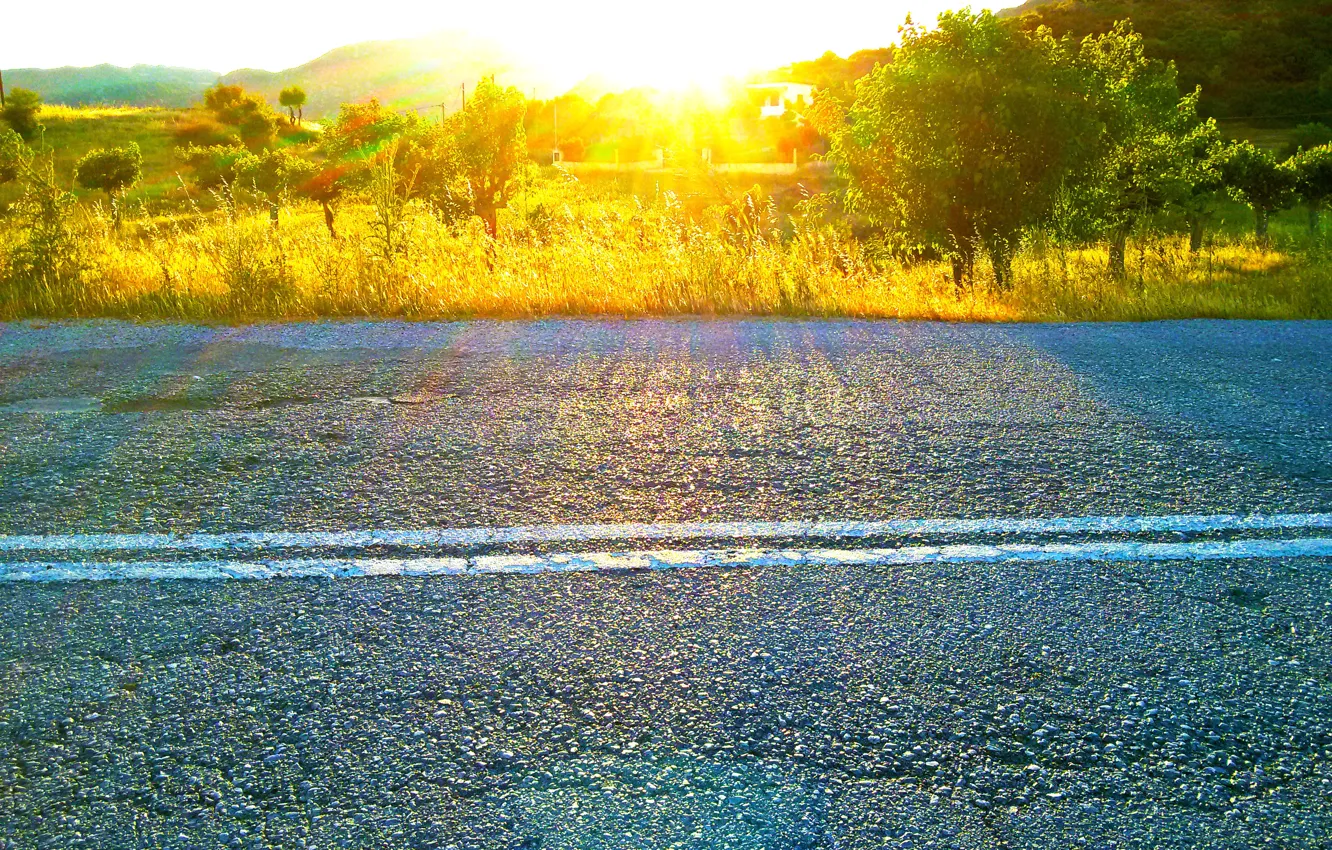 Photo wallpaper road, spring, Greece, sunlight effect