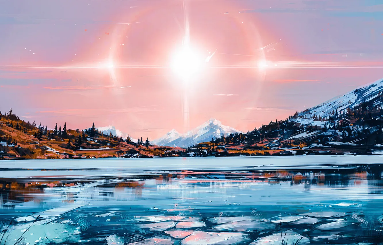 Photo wallpaper the sun, light, nature, lake, figure, Solar, Aenami, by Aenami