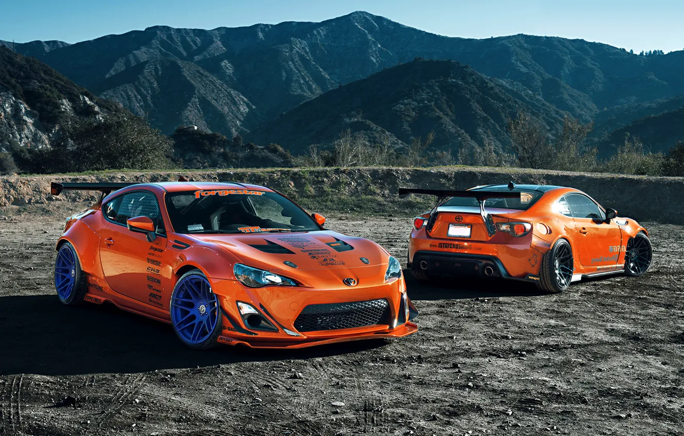 Photo wallpaper Orange, Toyota, Mountain, Style, Tuning, Wheels, Rims, Widebody
